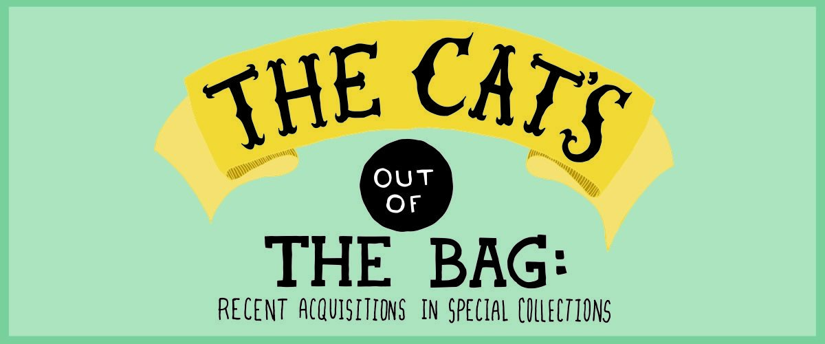 A light green banner. The exhibit name, Cat's Out of the Bag, is in big black letters in the center. The first words, 