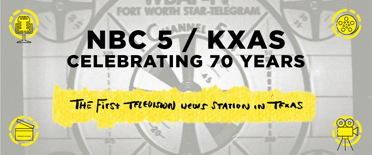 Grey rectangle with a film reel graphic seen in the background. In big, black letters is the exhibit title, NBC 5/KXAS Celebrating 70 Years, at the bottom part of the middle of the page are the words First Television in a yellow rectangle. In each corner of the banner, different media graphics are seen with yellow circles behind each.