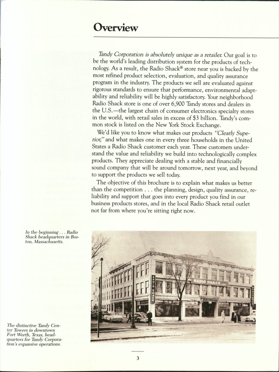 White page with title Overview at the top. Under it is a line, then under that are three paragraphs of text. Under the text, a black and white photo of a building is seen. It has a sign that says Radio Shack, with several windows.