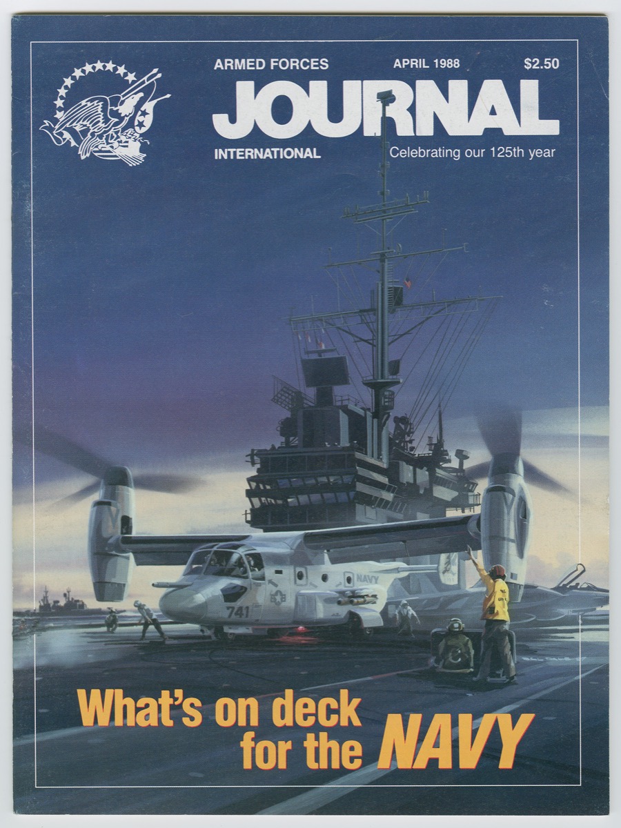 A  journal page with a painting on it of a plane on a landing platform. The top of the page shows a dark blue sky with the lower half turning into a lighter color. The word Journal is in bold capital letters at the top right, with a symbol on the top left. The title What's on deck for the Navy is at the bottom in bold yellow letters.