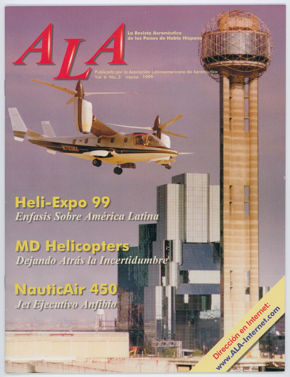 Cover of a magazine with the Dallas reunion tower seen on the right side of the page, with a long, white helicopter seen in the air on the top left side of the page. In the top left corner are the letters ALA in bold red letters. Under the helicopter are yellow letter, followed by white words three times. The bottom right corner of the page has a website on it in a yellow banner.