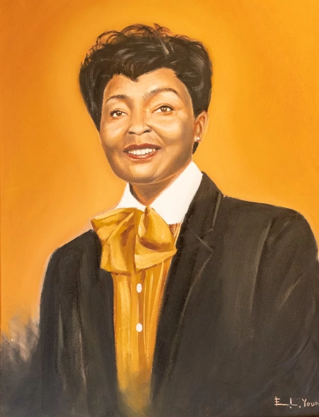 Painting of Eddie Bernice Johnson, wearing a black blazer and yellow shirt.
