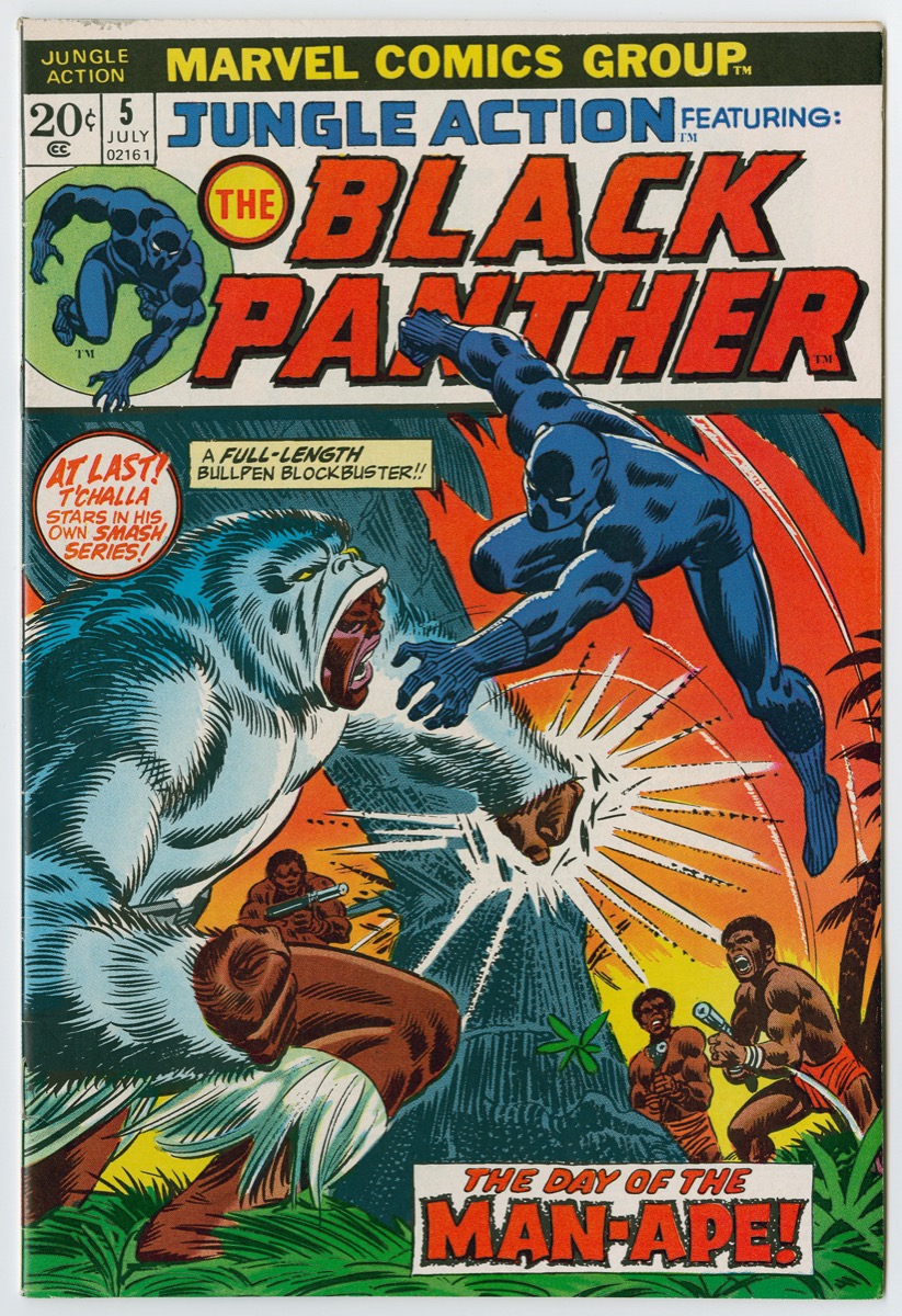 Cover of comic book with title, Jungle Actions Featuring the Black Panther along the top. The drawing shows Black Panther leaping at a man in an ape costume in front of a tree trunk, with native people standing behind the tree pointing guns at the two.