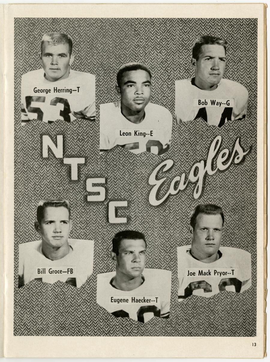 Page of booklet with two rows of photographs of men in football uniforms.