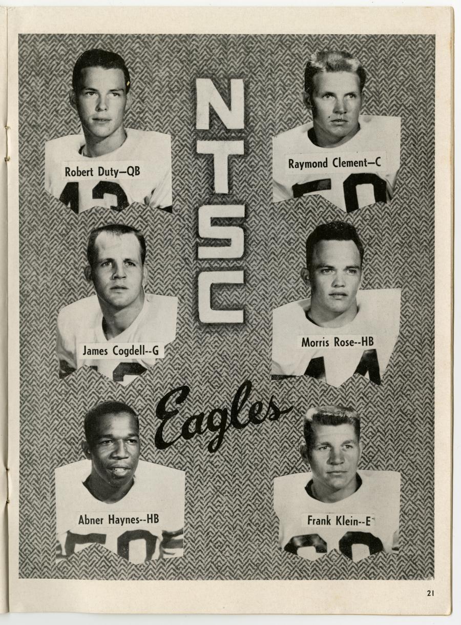 Page of booklet with two columns of photographs of men in football uniforms.