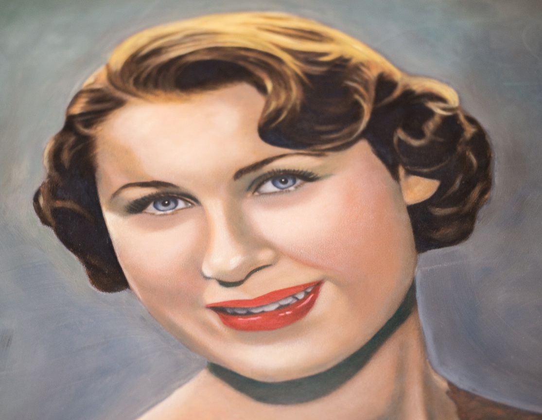 Painting of a young woman with short brown hair and coral lipstick.