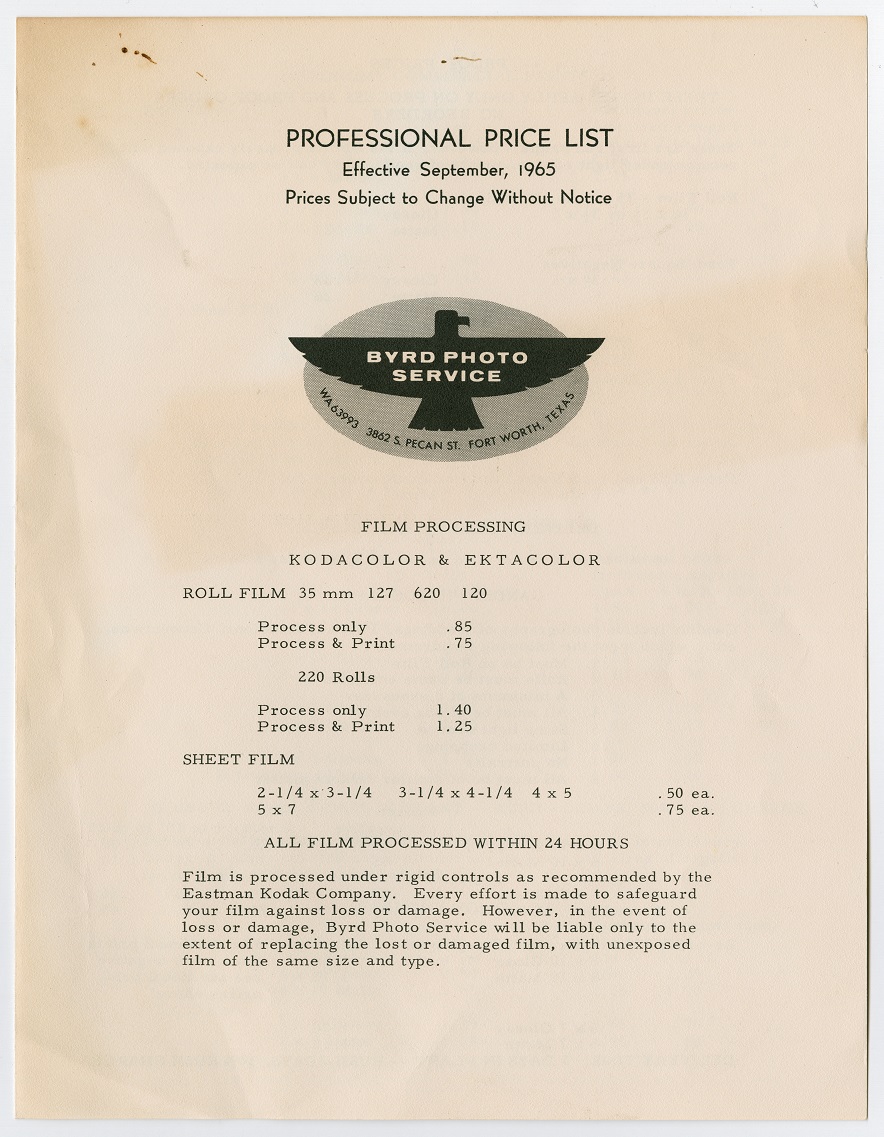 A white card titled Professional Price List, with a black eagle graphic under it. Under the graphic are two sections of text.