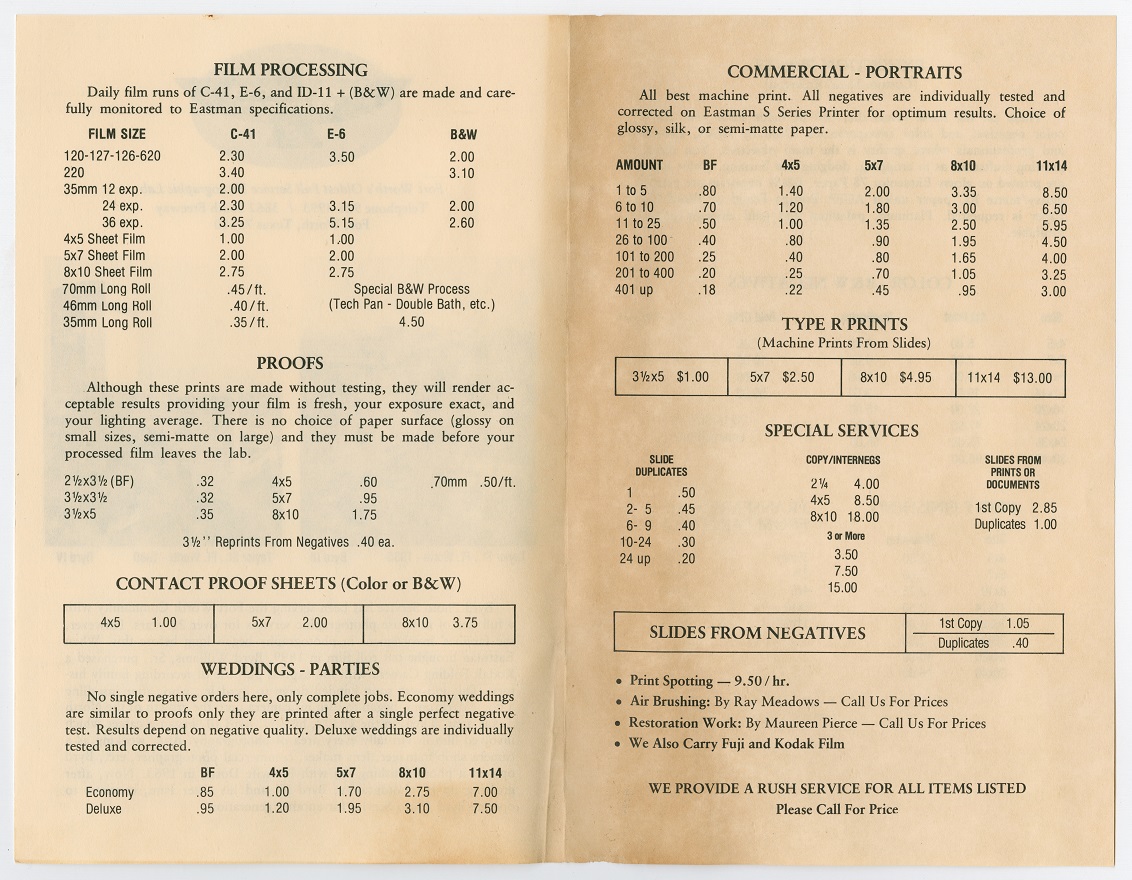 A brochure open to two pages. The left side is titled Film Processing, with numbers and data underneath. The page on the right is titled Commercial.