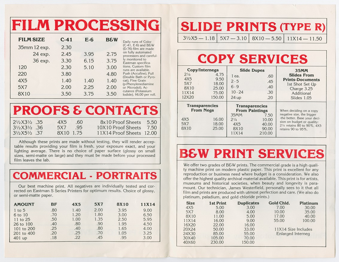 Brochure open, the page on the left has three sections of data titled with big red text. The page on the right has three section as well.