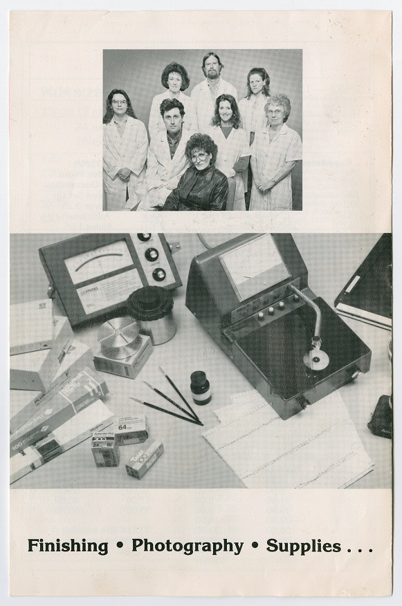Brochure page, a photograph of 8 people in 2 rows at the top. Most of them wear white, except for the only person sitting down wearing black. Under that is a photo of artifacts on a table, the title at the bottom.