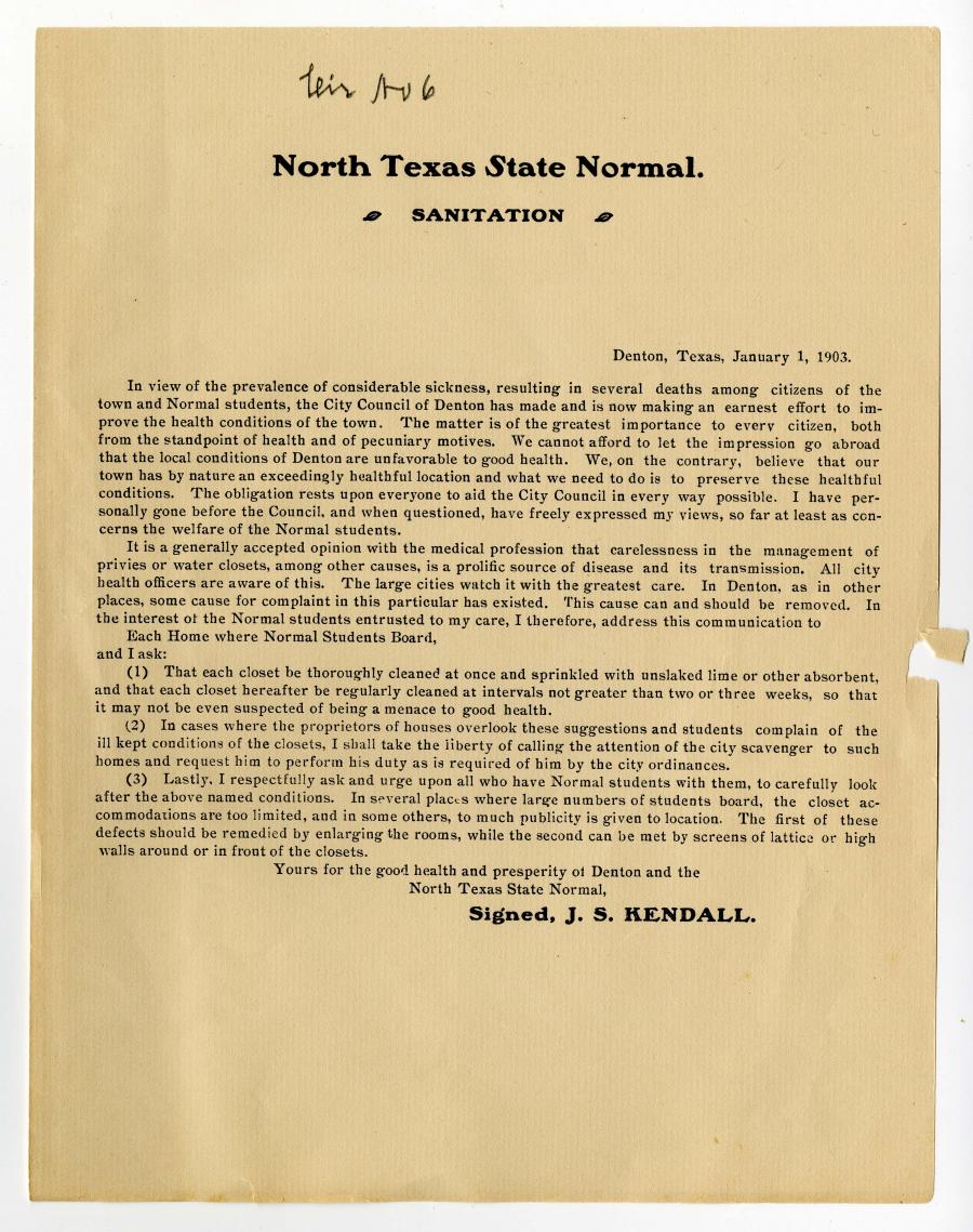 Una página con una carta escrita a máquina. El título en la parte superior dice Higienización en la escuela Normal Estatal del Norte de Texas. Tiene la fecha 1 de enero de 1903.