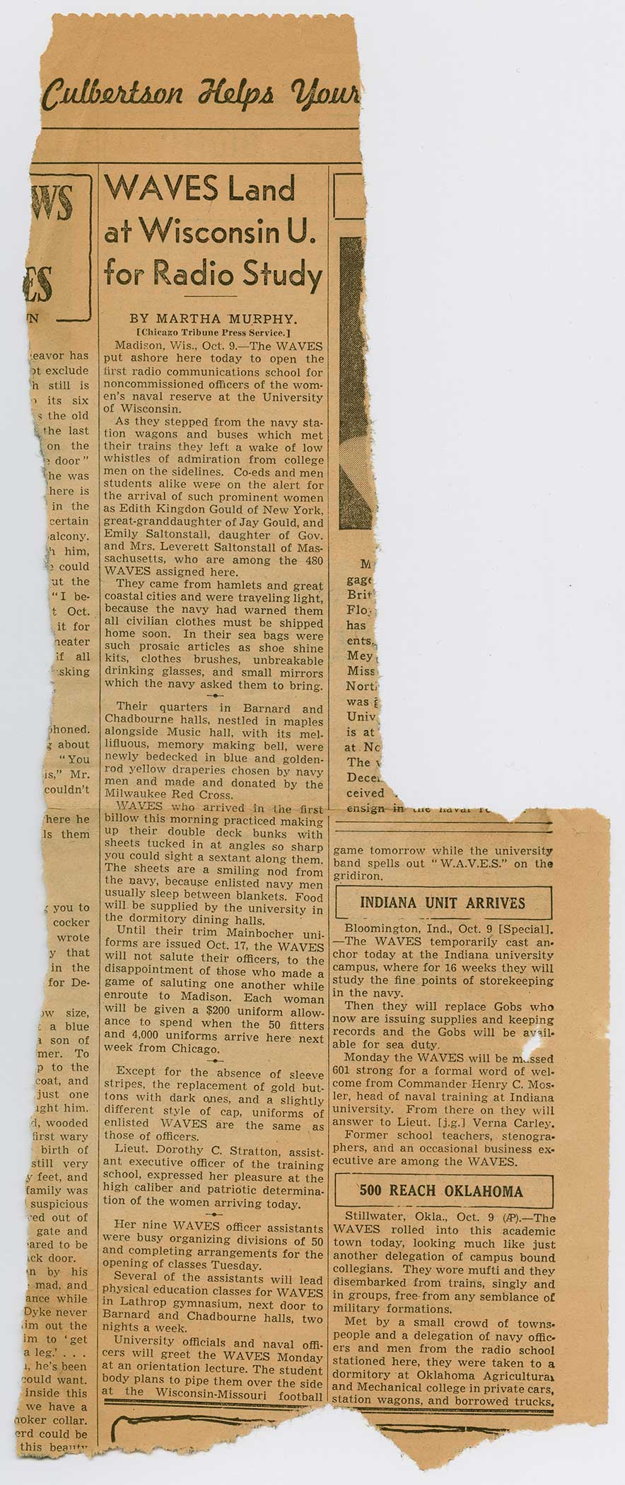A newspaper clipping, showing an article titled Waves Land, under it a long column of text.