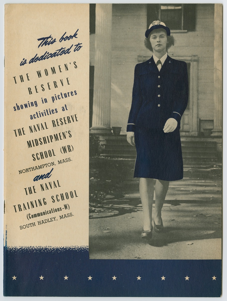 A booklet cover, the right side a photo of a women in a navy suit. The left side says This book is dedicated to on it, the words going from top to bottom. The bottom margin of the page is navy in color, with stars on it.