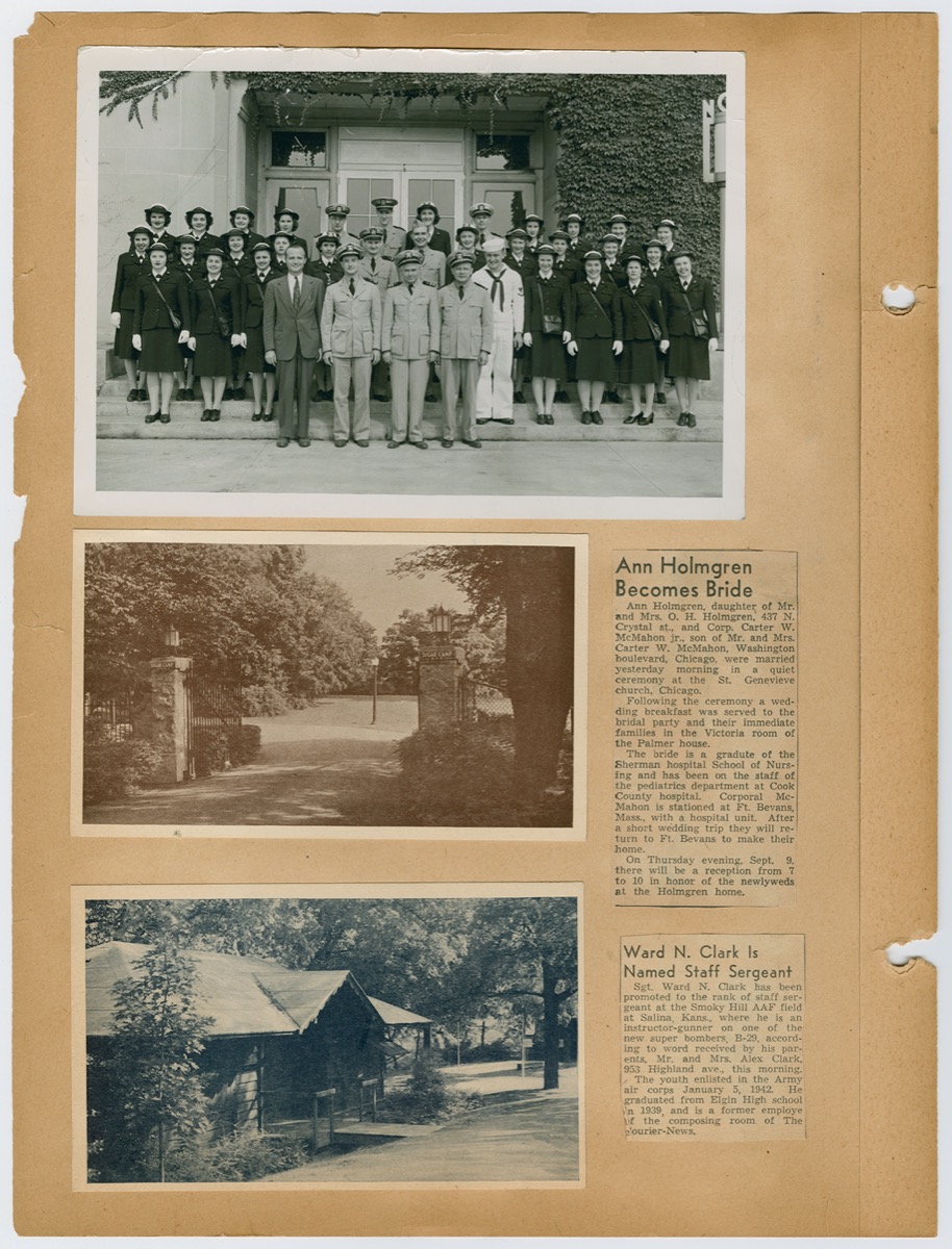 A scrapbook page, a black and white photo at the top of it of several women lined up on steps, men in the middle of them. The middle photo is an old photo of an open gate, the photo under it of a small house. Two the right of the bottom two photos are two small newspaper clippings, showing articles.