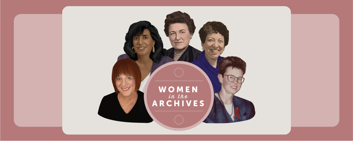A pink banner, a light pink in the center and framed by a darker pink. In the middle is a white block, with the figure of 5 women over a pink circle, inside of which is the exhibit title, Women in the Archives.