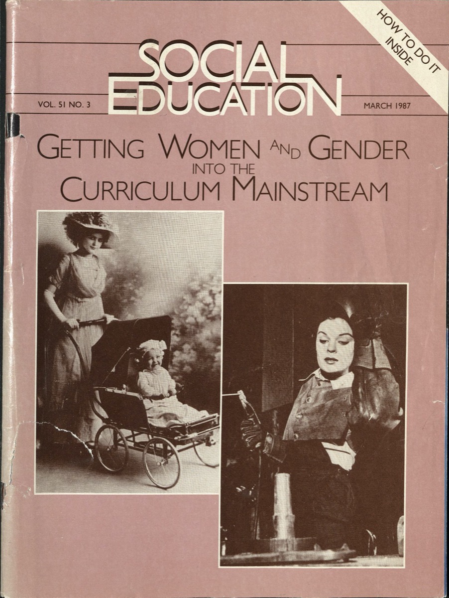 A pink magazine cover, titled Social Education at the top in white letters. Under it is the title, and under that are two black and white photographs. The one on the left is of a woman in a feathered hat pushing a baby in a stroller. The one on the right is of a woman.